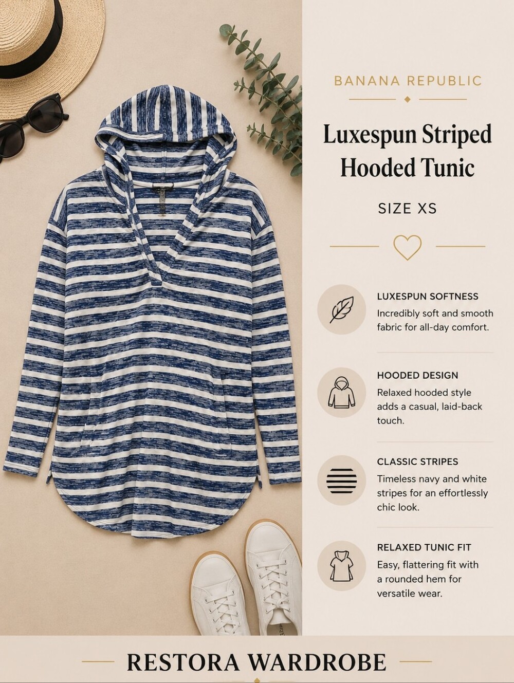 Banana Republic Luxespun Striped Hoodie Tunic XS NWT Pockets